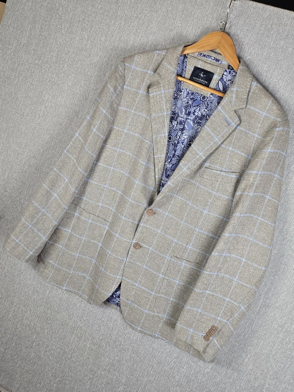 TAILORBYRD Tan/Blue Windowpane Plaid Linen Blen Blazer Sz 46R